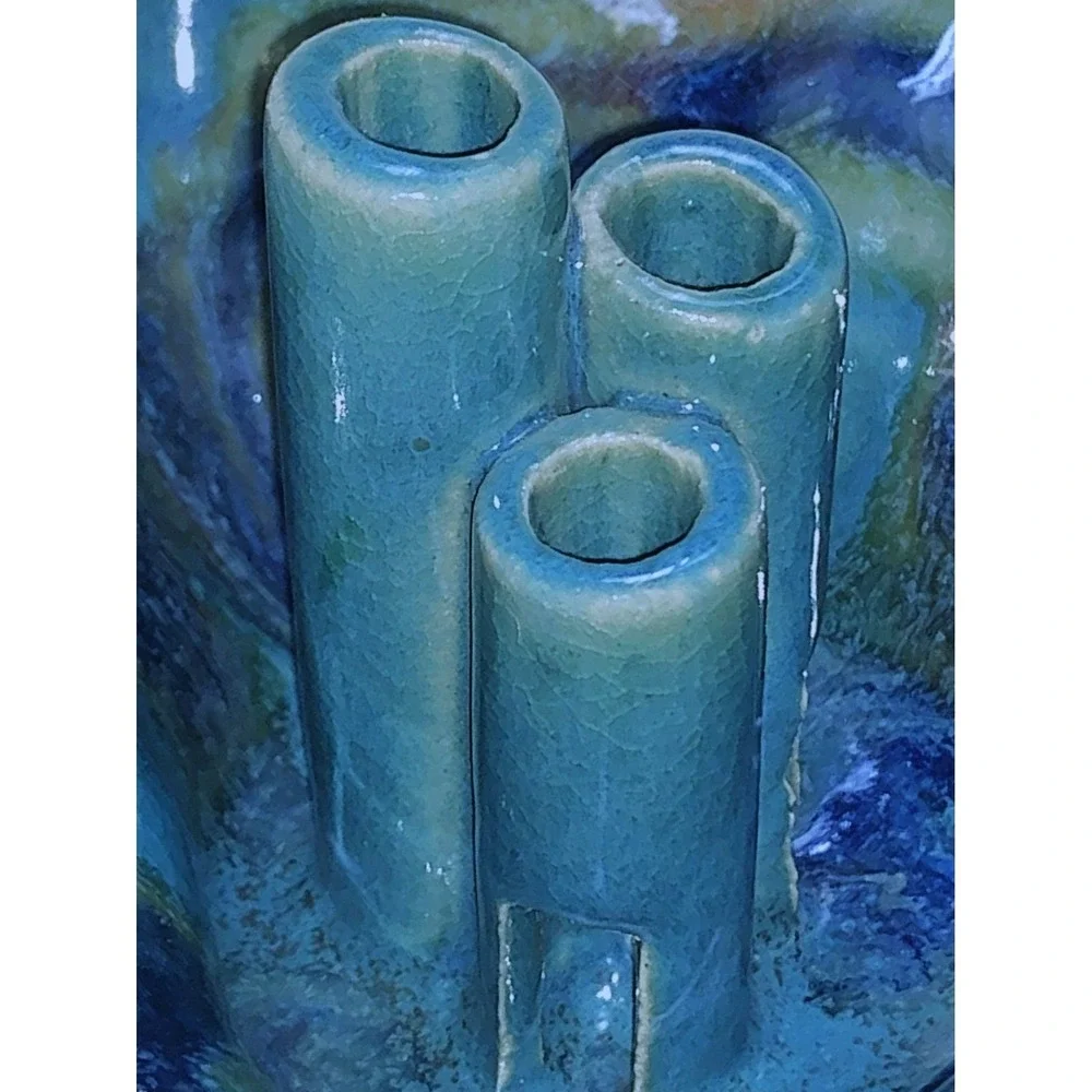 Art Pottery Ikebana MCM Style Bud Vase Flower Frog Draw Tube Water Basin Glazed